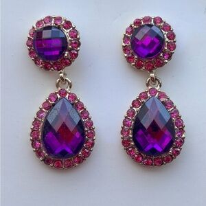 Vintage Purple Pink Rhinestones Stud Earrings Gold Tone 1 1/2”